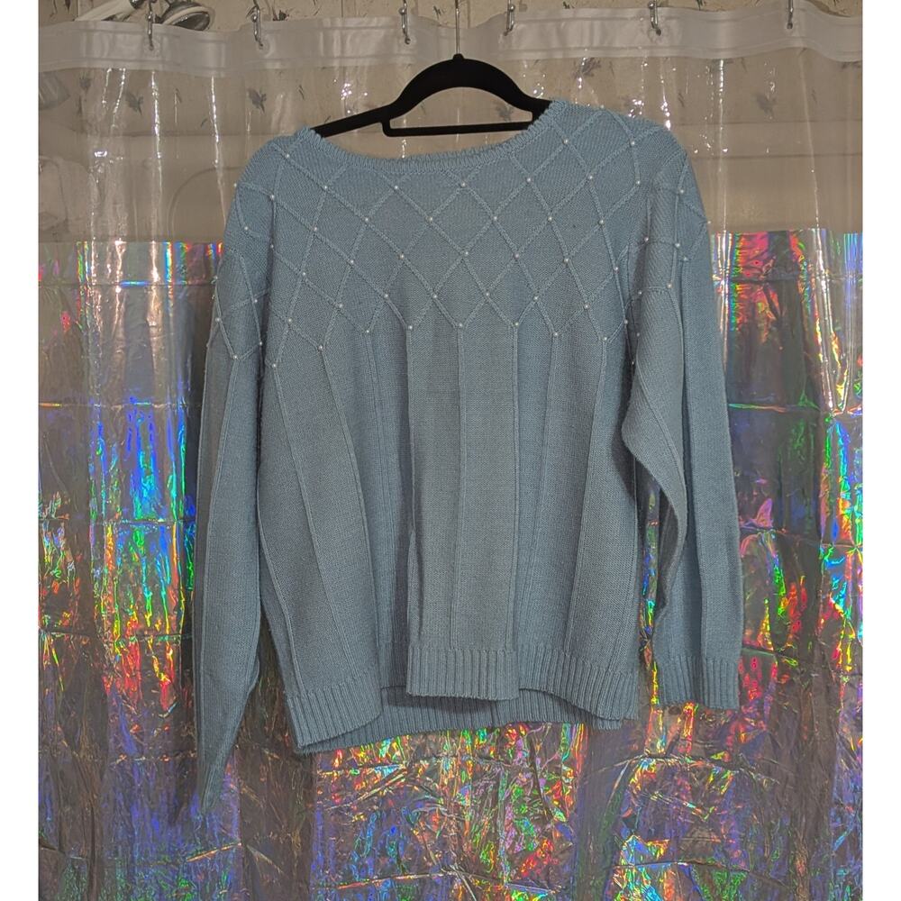 VTG 80s Blair Boutique Pastel Blue Eclectic Grandma Sweater W/ Pearls